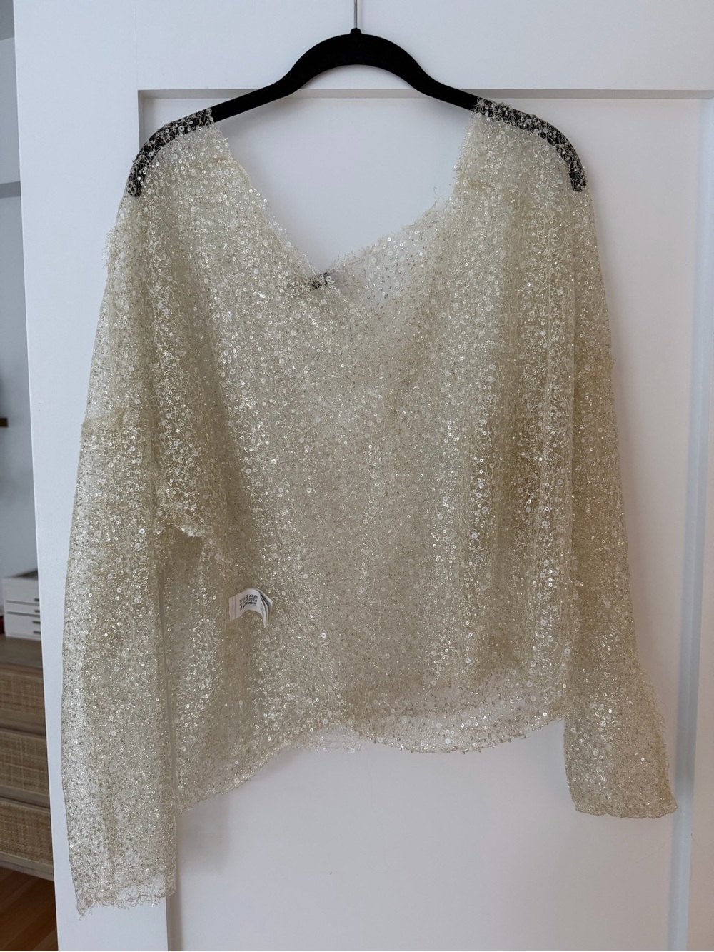 Zara Champagne Sequin V-Neck Pullover with Black Shoulder Detail